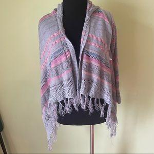 SAY WHAT? PINK GRAY STRIPED FRIGE HOODED KIDS OPEN FRONT SWEATER SIZE SMALL 7/8
